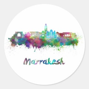 Pegatina Redonda Marrakesh skyline in watercolor