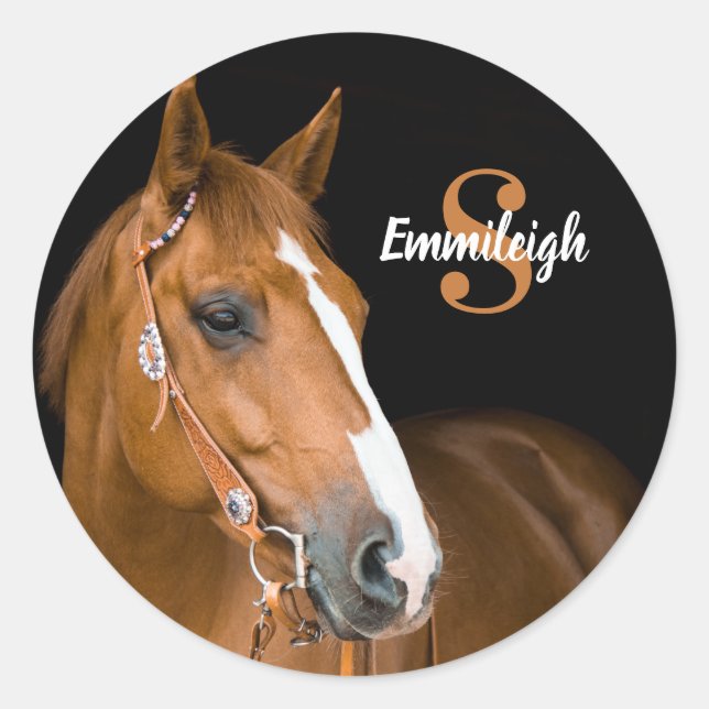 Pegatina Redonda Marrón cuarto de caballo negro nombre monograma in (Anverso)