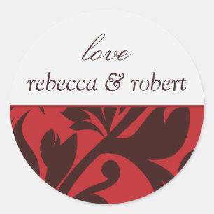 Pegatina Redonda Marrón rojo Damask Custom Nombre Boda Invitar Sell