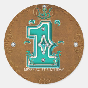 Pegatina Redonda Marrón Rústico Occidental Cuero Falso Número 1 Uno