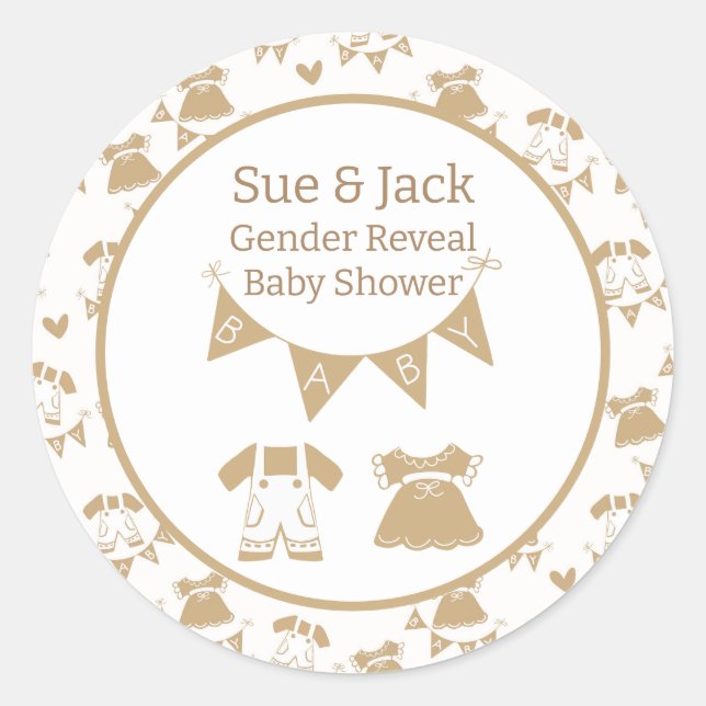 Pegatina Redonda Marrón y blanco neutros de género Baby Shower (Anverso)