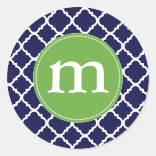 Pegatina Redonda Marroquí azul marino elegante Quatrefoil