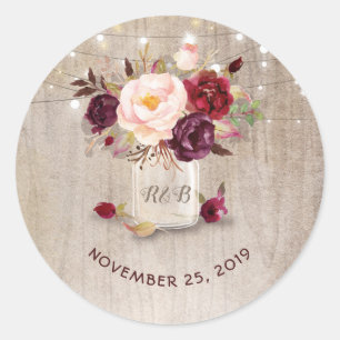 Pegatina Redonda Marsala Flowers Mason Jar Rustic Boda