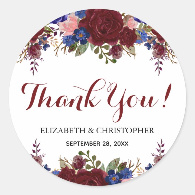 Pegatina Redonda Marsala Navy Floral Boda Gracias (Anverso)