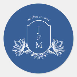 Pegatina Redonda Marsella Bleu Boda Floral Monograma Escudo