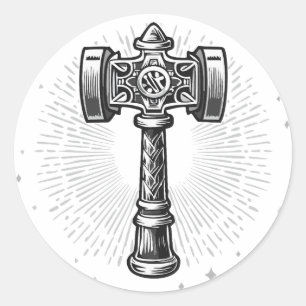 Pegatina Redonda Martillo de Thor Mjolnir blanco y negro