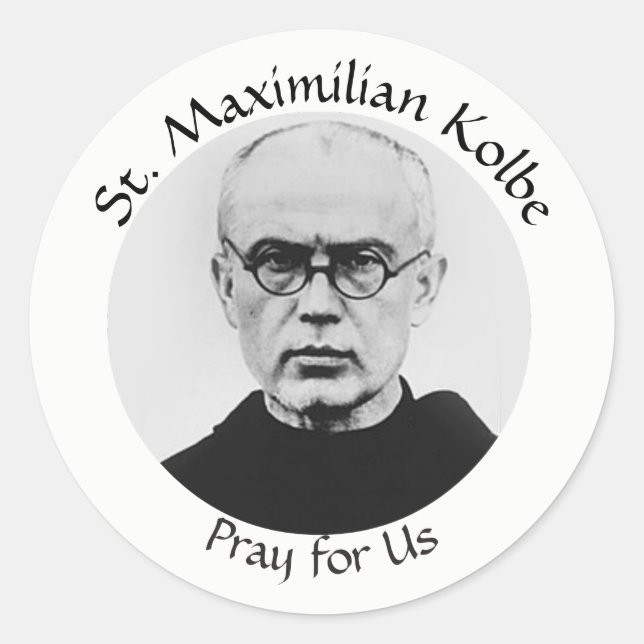 Pegatina Redonda Mártir católico de St. Maximilian Kolbe (Anverso)