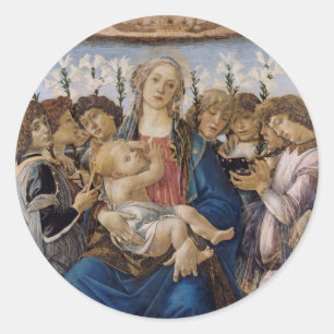 Pegatina Redonda Mary con niño y ángeles cantantes por Botticelli