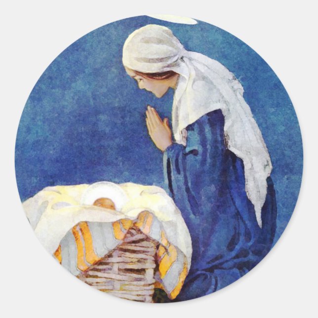 Pegatina Redonda Mary Rezando Y El Niño Jesús (Anverso)