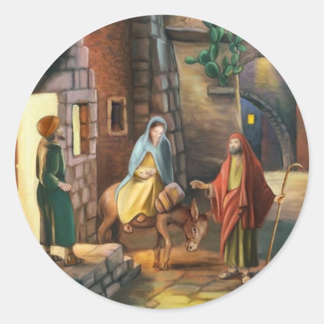 Pegatina Redonda Mary y Joseph con un burro en la víspera de los Na (Anverso)