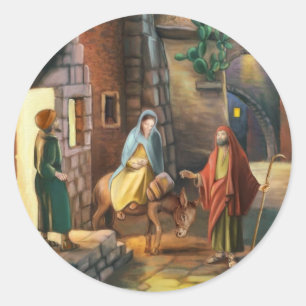 Pegatina Redonda Mary y Joseph con un burro en la víspera de los Na
