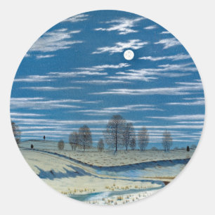 Pegatina Redonda Más fresco invierno en la pintura lunar