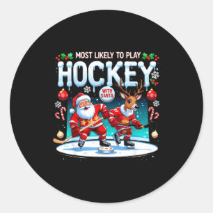Pegatina Redonda Más Probable De Jugar Hockey Con La Navidad De San