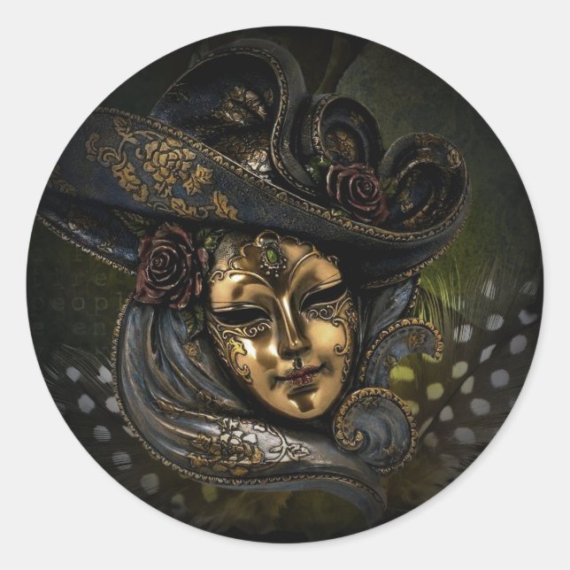 Pegatina Redonda Máscara de carnaval de oro con gorra azul y plumas (Anverso)