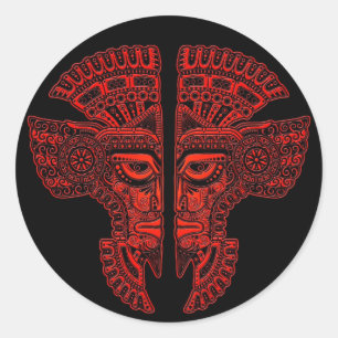 Pegatina Redonda Máscara de gemelos mayas rojos con ilusión de negr