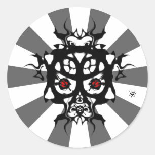 Pegatina Redonda Máscara de guerrero tribal enojado v1