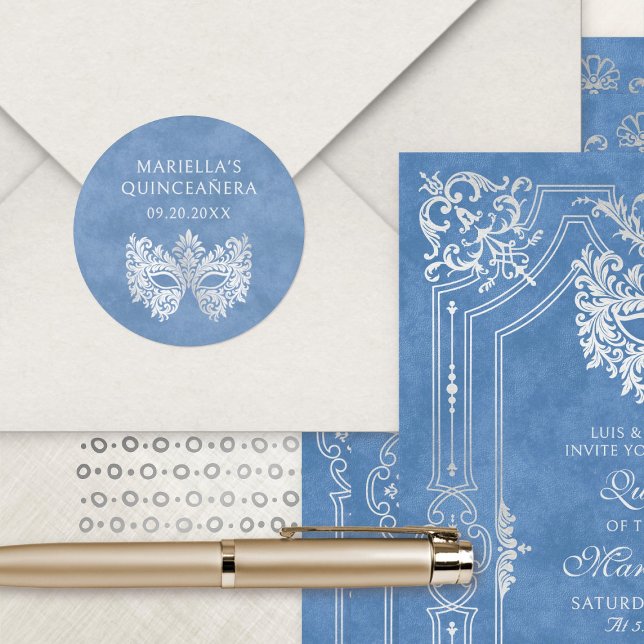 Pegatina Redonda Máscara de mascarada azul elegante Quinceanera (Subido por el creador)