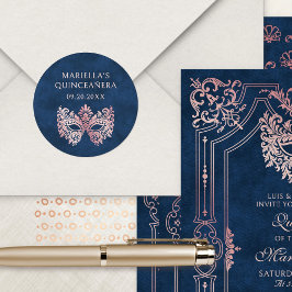 Pegatina Redonda Máscara De Mascarada Rosa Elegante Quinceanera