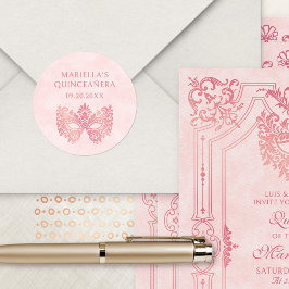 Pegatina Redonda Máscara De Mascarada Rosa Elegante Quinceanera