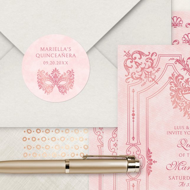 Pegatina Redonda Máscara De Mascarada Rosa Elegante Quinceanera (Subido por el creador)