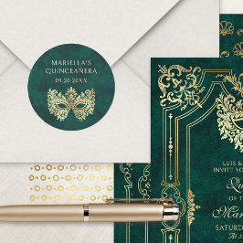 Pegatina Redonda Máscara de Mascarada Verde Elegante Quinceanera