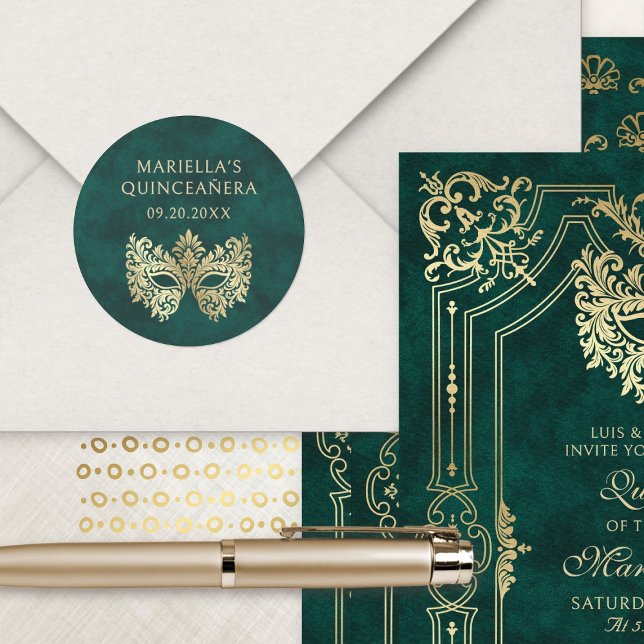 Pegatina Redonda Máscara de Mascarada Verde Elegante Quinceanera (Subido por el creador)