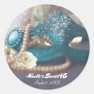 Pegatina Redonda Máscara de Mascarada y Perlas Fiesta de Arcoíris