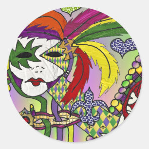 Pegatina Redonda Máscara de plumas de Mardi Gras psicodélico