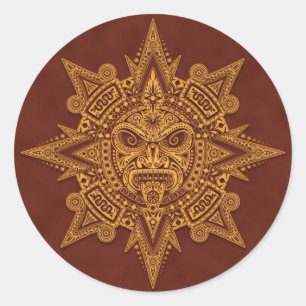 Pegatina Redonda Máscara de sol azteca - Rojo dorado