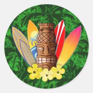 Pegatina Redonda Máscara De Tiki Y Surfboards