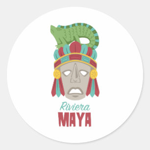 Pegatina Redonda Máscara del maya de Riviera