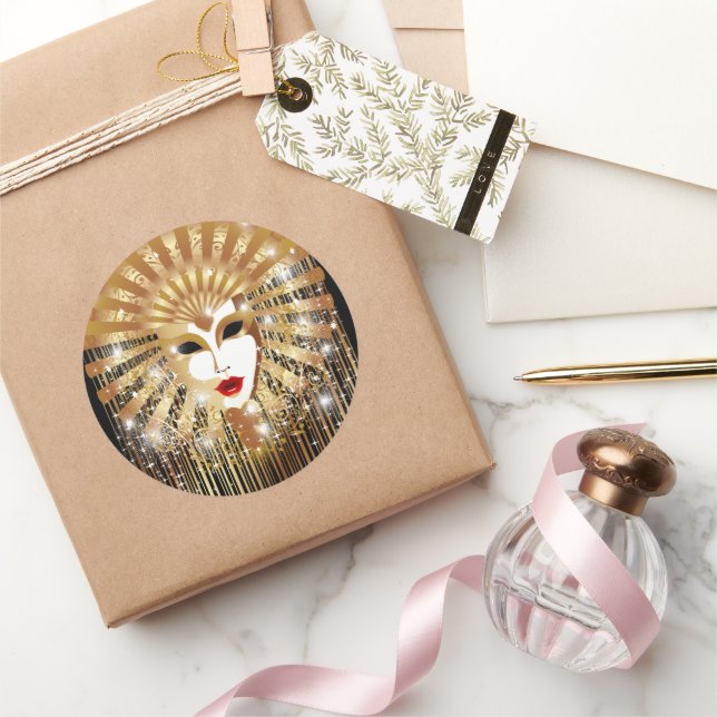 Pegatina Redonda Máscara Fiesta del Carnaval de Venecia Dorada (Regalar)