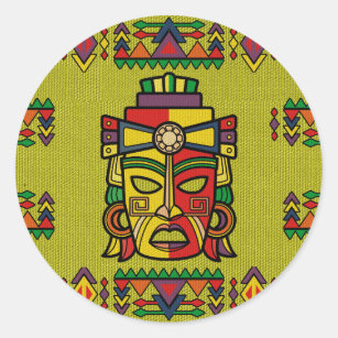 Pegatina Redonda Máscara maya del inca azteca colorido