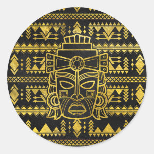 Pegatina Redonda Máscara maya del inca azteca del oro
