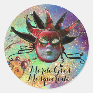 Pegatina Redonda MÁSCARA NEGRA Y ROJA del BUFÓN EN fiesta AZUL de