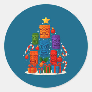 Pegatina Redonda Máscara Tiki Luau Árbol de Navidad Hawaiano Sombre