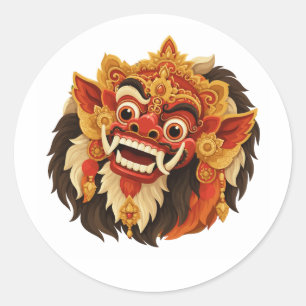 Pegatina Redonda Máscara tradicional balinesa Barong que representa
