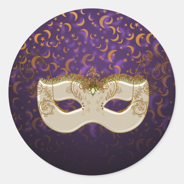 Pegatina Redonda Mascarada Purple&Naranja Moon&Stars RoundStickers (Anverso)