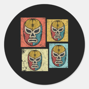 Pegatina Redonda Máscaras divertidas de Lucha Libre antiguas Retro