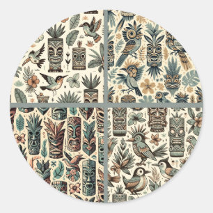 Pegatina Redonda Máscaras y Pájaros Tiki Tropicales Vintage Gris Ve