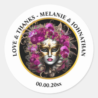 Pegatina Redonda Mascareta de mascarada dama rosa carnaval de flore