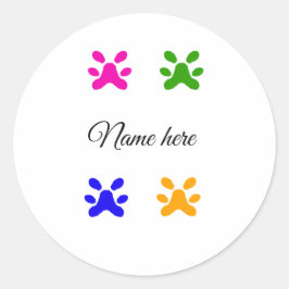 Pegatina Redonda Mascota colorido de garra de perro añada el nombre
