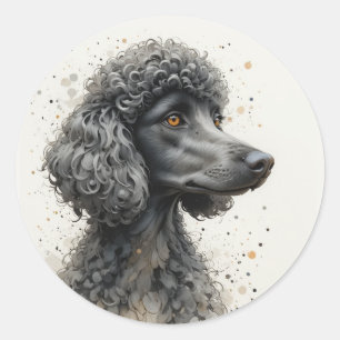 Pegatina Redonda Mascota de animal Caniche estándar negro feliz lin