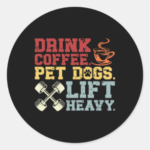 Pegatina Redonda Mascota de café de elevación de pesas Perros Levan