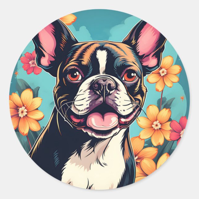 Pegatina Redonda Mascota de las flores de Boston Terrier (Anverso)