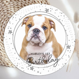 Pegatina Redonda Mascota personalizado Foto Purpurina Plata Estrell