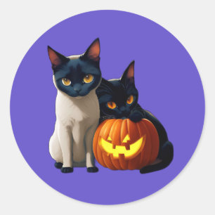 Pegatina Redonda Mascotas de la Calabaza de Gato Siamés Negro Cute