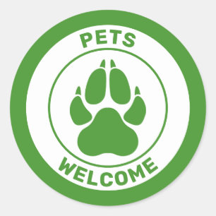 Pegatina Redonda Mascotas Verdes Bienvenidas Con Silueta De Pata De