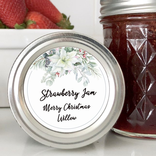 Pegatina Redonda Mason Jar casero de poinsettia blanca en blanco (White Poinsettia Blank Homemade Mason Jar Classic Round Sticker)