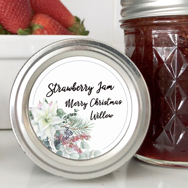 Pegatina Redonda Mason Jar casero de poinsettia blanca en blanco (White Poinsettia Blank Homemade Mason Jar Classic Round Sticker)